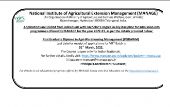 Online registration are open for the 7th Batch of ‘Post Graduate Diploma in Agri-Warehousing Management (PGDAWM) offered by MANAGE
